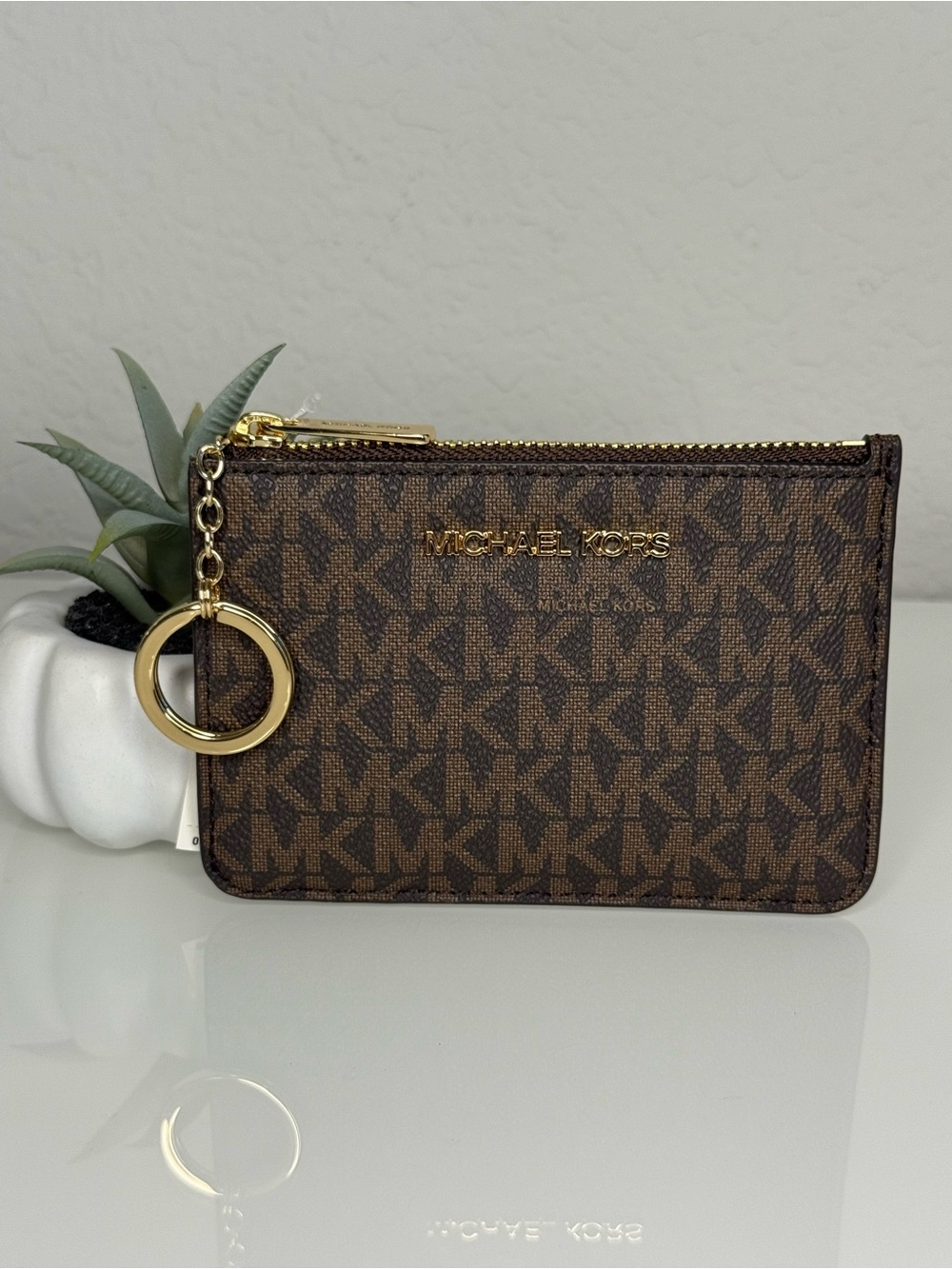 MICHAEL KORS Jet Set Item Coinpouch Key Wallet NWT Signature Brown MK